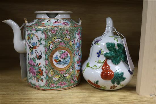 Two Chinese teapots, a bowl and an ornament